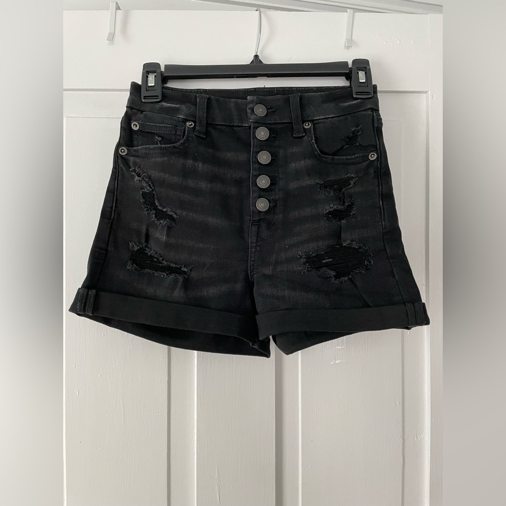 American Eagle Black High Rise Button Jean Shorts, size 2; gently used